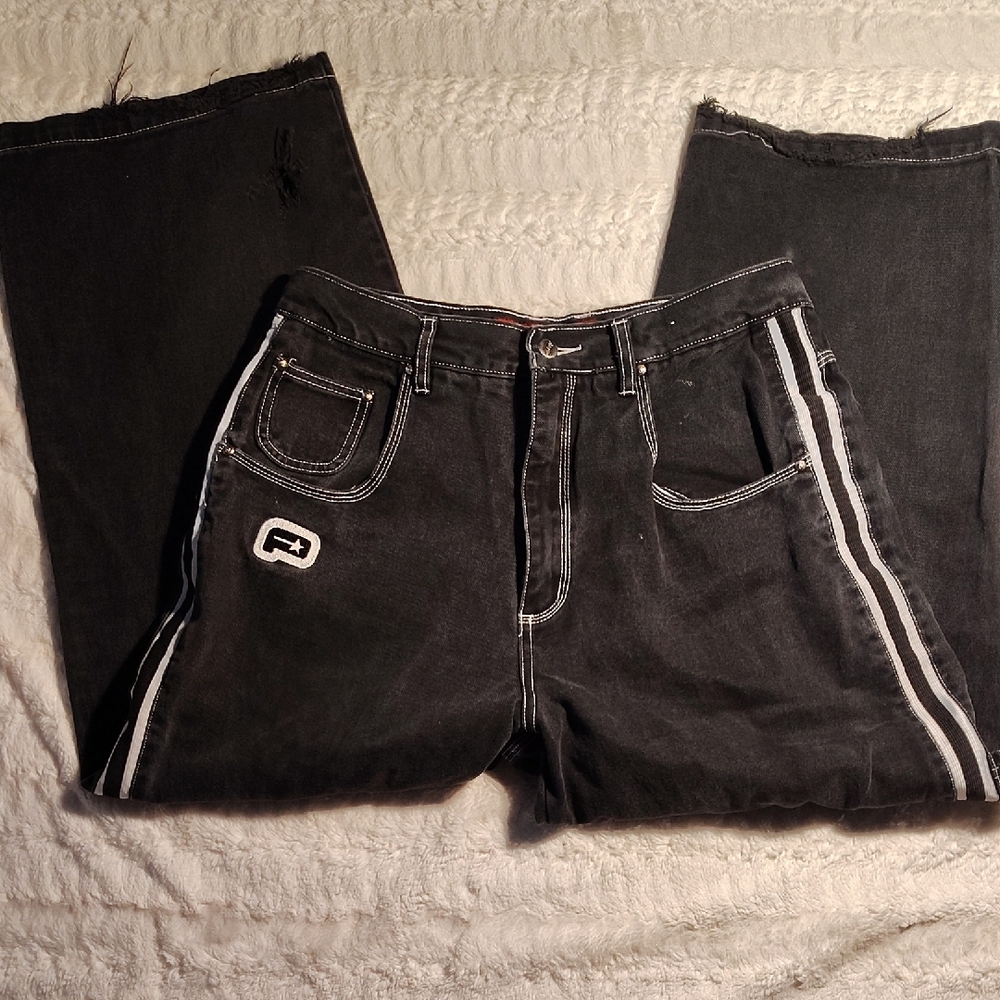 Vintage Y2K Plugg Black Jeans with White Stitching and Orange Logo Patch
